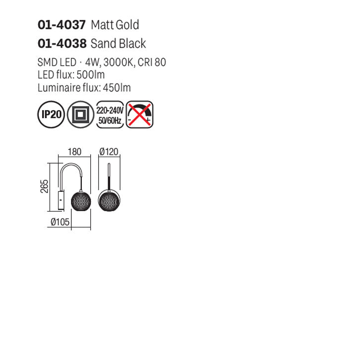 Aplica Gianet, auriu mat, LED, 4W, 450 lumeni, alb cald 3000K, Smarter 01-4037