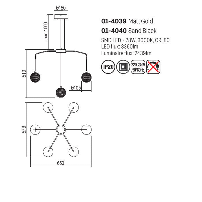 Lustra Gianet, auriu mat, LED, 28W, 2439 lumeni, alb cald 3000K, L.65 cm, Smarter 01-4039