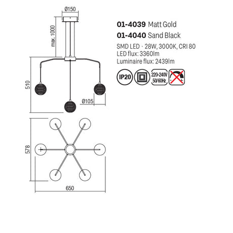 Lustra Gianet, negru mat, LED, 28W, 2439 lumeni, alb cald 3000K, L.65 cm, Smarter 01-4040