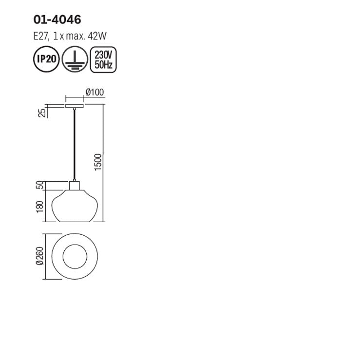 Suspensie Atlantis, negru mat, sticla fumurie, 1XE27, D.26 cm, Smarter 01-4046