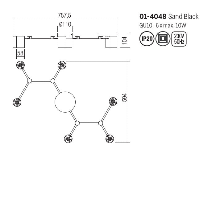 Plafoniera  Webb, negru mat, 6XGU10, L.76 cm, Smarter 01-4048