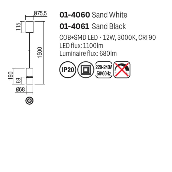 Suspensie Naku, negru mat, LED, 12W, 680 lumeni, alb cald 3000K, D.7 cm, Smarter 01-4061