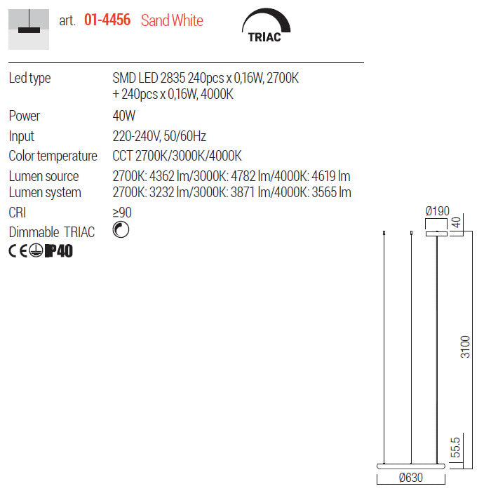 Lustra LED Halley, alb, 40W, 3871lm, 2700K, 3000K, 4000K, D.63cm, IP40, Redo, 01-4456