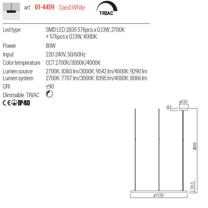 Lustra LED Halley, alb, 80W, 8395lm, 2700K, 3000K, 4000K, D.153cm, IP40, Redo, 01-4459
