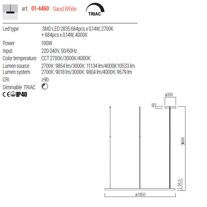 Lustra LED Halley, alb, 100W, 9804lm, 2700K, 3000K, 4000K, D.185cm, IP40, Redo, 01-4460