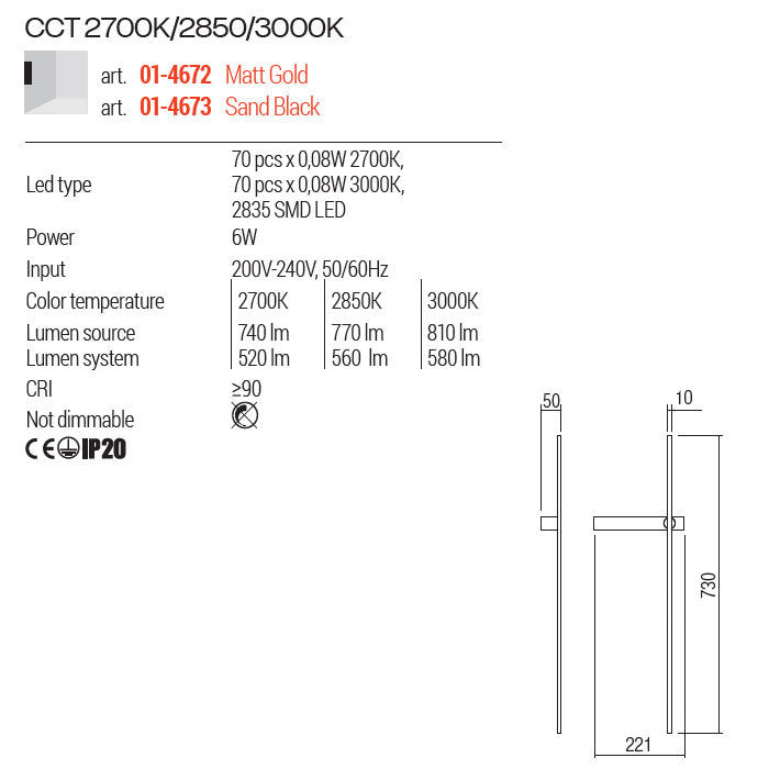 Aplica LED Tangent, auriu mat, 9W, 860lm, lumina calda 2700K,2850K,3000K, IP20, Redo, 01-4672