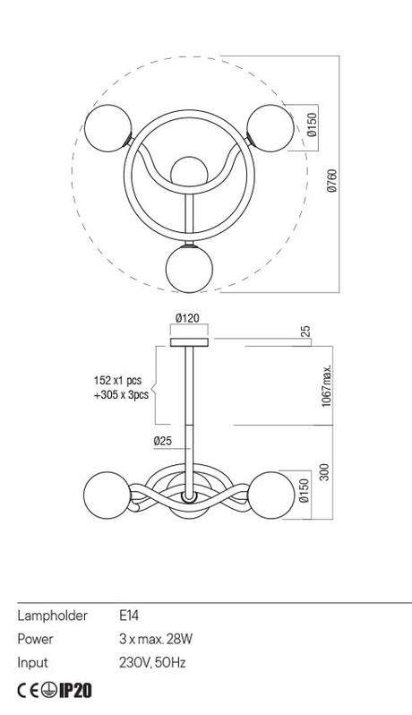 Suspensie CONFUSIO, auriu, E14, 3 x max.28W, Redo 01-3256