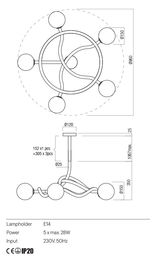 Suspensie CONFUSIO, auriu, E14, 5 x max.28W, Redo 01-3258