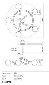 Suspensie CONFUSIO, auriu, E14, 5 x max.28W, Redo 01-3258