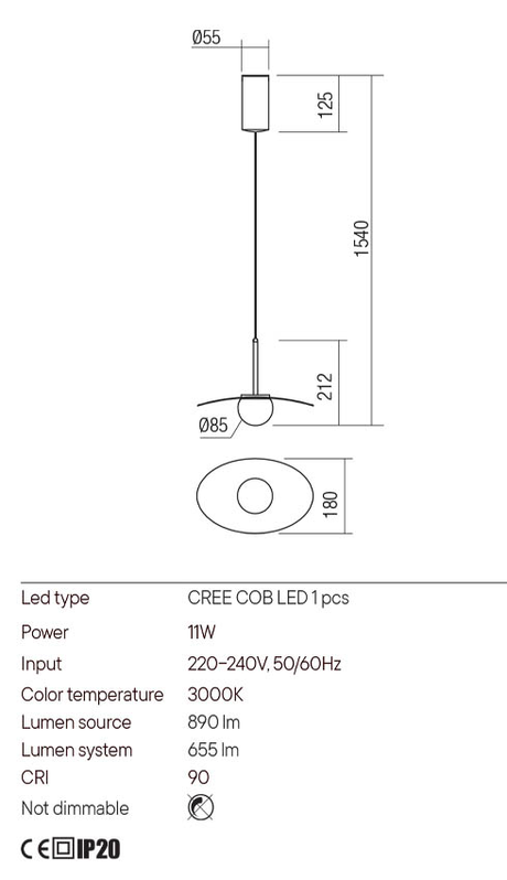 Suspensie CODY, negru, LED, 11W, Redo 01-3289