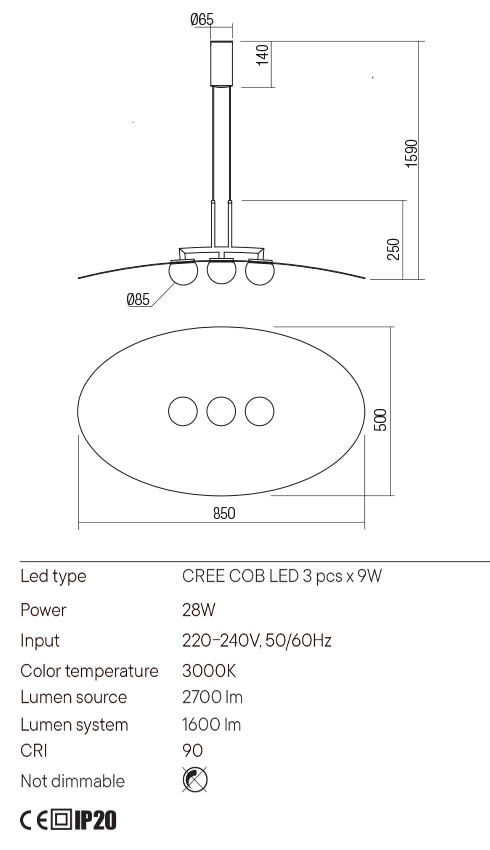 Suspensie CODY, negru, LED, 28W, Redo 01-3309