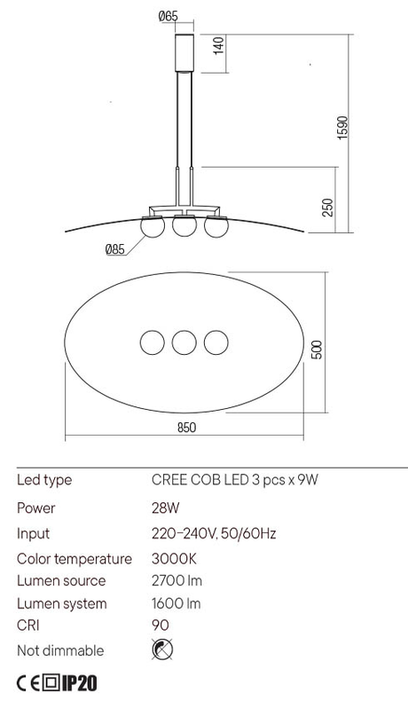 Suspensie CODY, negru, LED, 28W, Redo 01-3309