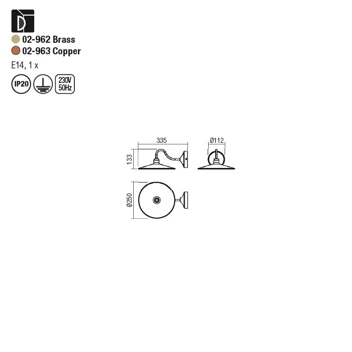 Aplica de perete Altenia, cupru, 1xE14, D.25cm, IP20, Smarter, 02-963