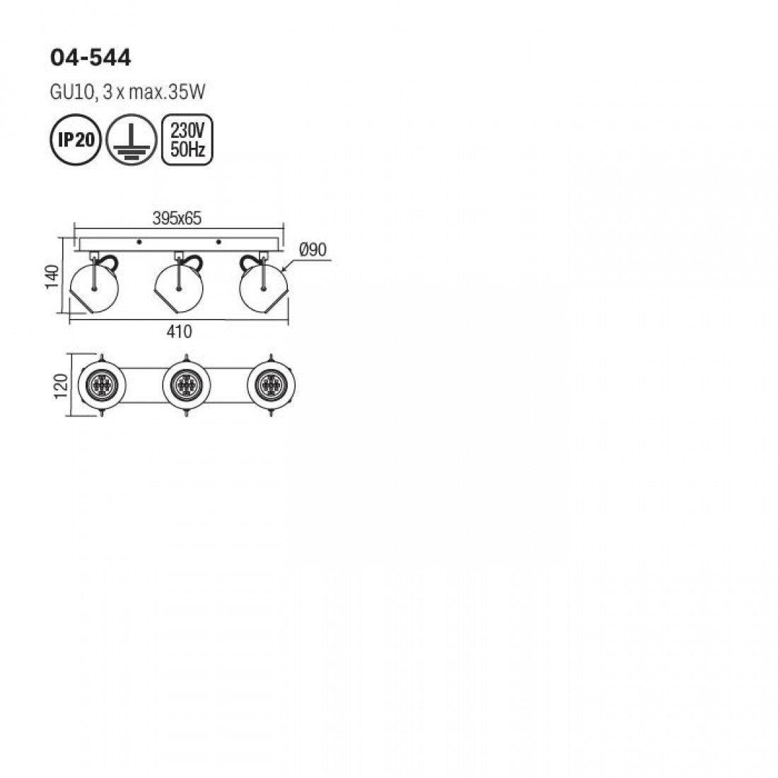 Plafoniera Ward, negru mat, sticla, 3xGU10, L.40cm, IP20, Smarter, 04-544