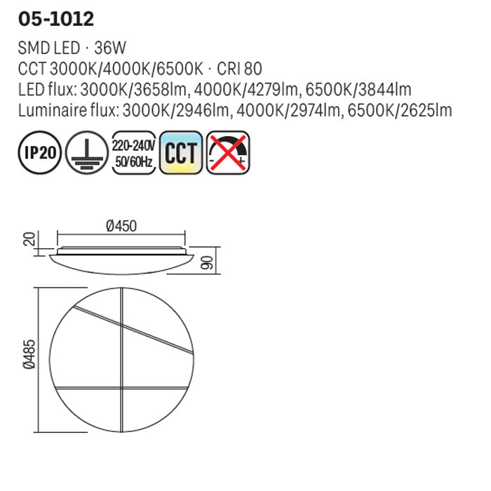 Plafoniera Nella, alb, LED CCT, 36W, 2974 lumeni, 3000K/4000K/6500K, D.49 cm, Smarter 05-1012