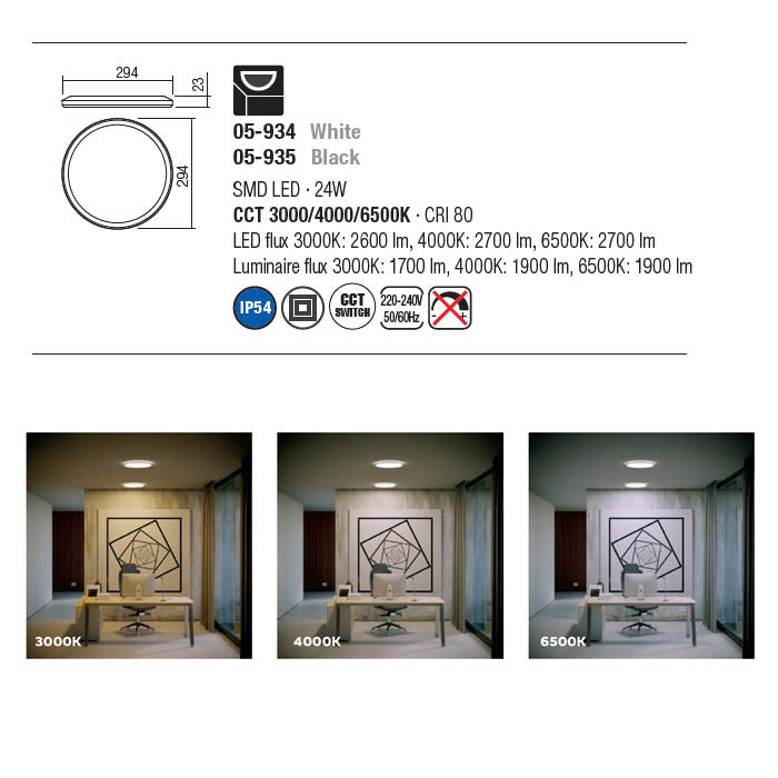 Plafoniera MEMO, alb mat, LED CCT, 24W, 2700 lumeni, 3000K-4000K-6500K, D. 30 cm, IP54,Smarter 05-935