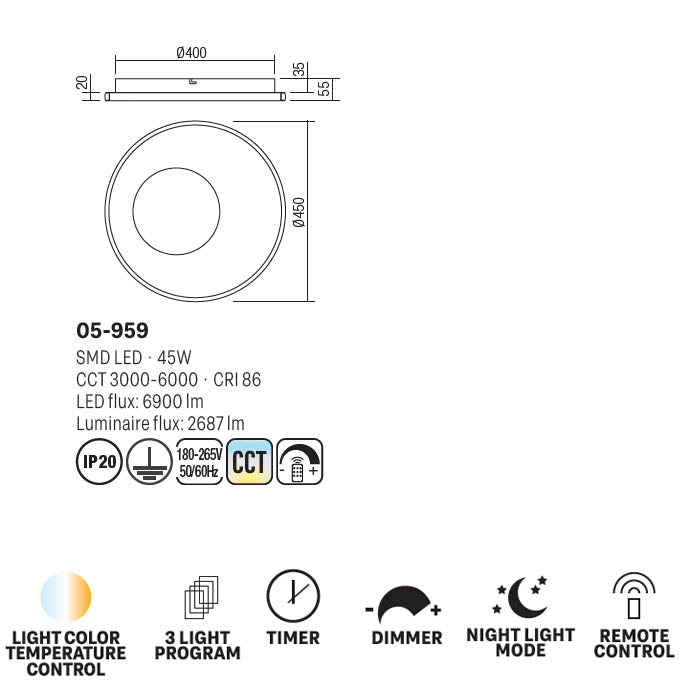 Plafoniera LED Sintesi, negru, 45W, 2687lm, 3000K, 4500K, 6500K, D.45cm, IP20, Smarter, 05-959