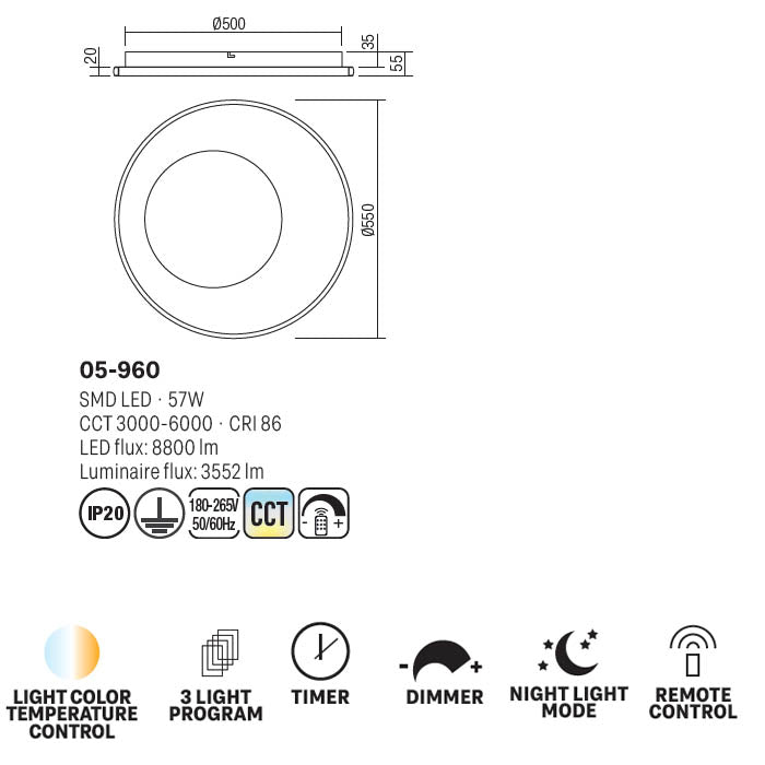 Plafoniera LED Sintesi, negru, 57W, 3552lm, 3000K, 4500K, 6500K, D.55cm, IP20, Smarter, 05-960
