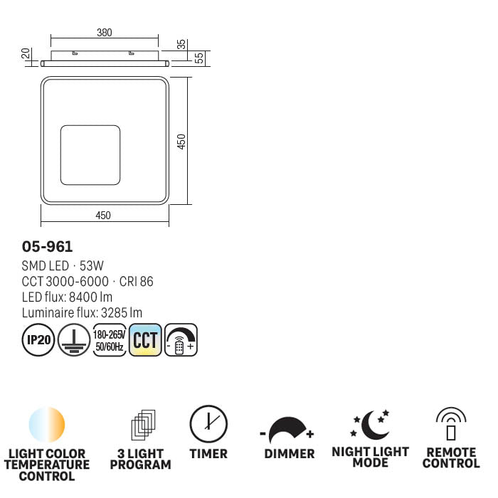 Plafoniera LED Sintesi, negru, 53W, 3285lm, 3000K, 4500K, 6500K, L.45cm, IP20, Smarter, 05-961