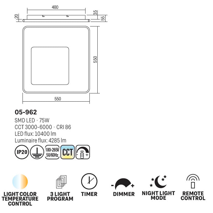 Plafoniera LED Sintesi, negru, 75W, 4285lm, 3000K, 4500K, 6500K, L.55cm, IP20, Smarter, 05-962