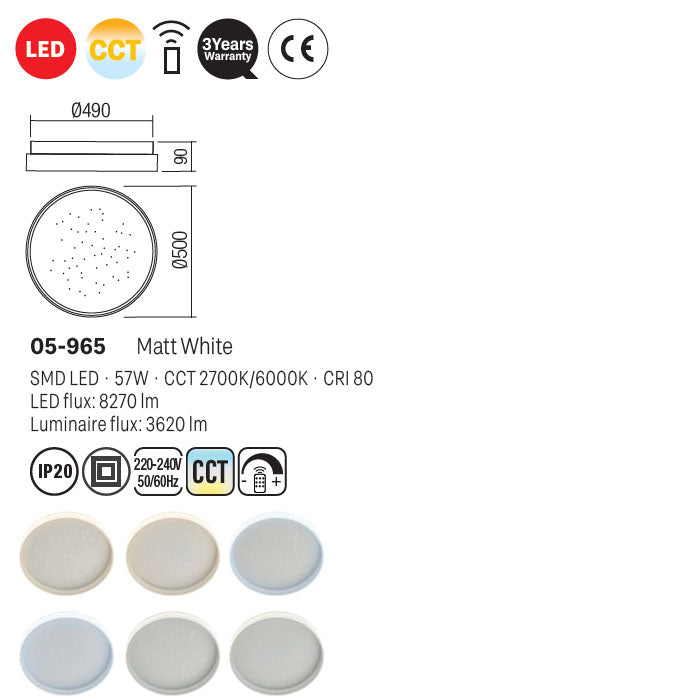 Plafoniera Sair, alb mat, telecomanda, LED CCT, 57W, 3620 lumeni, 2700K/6500K, D.50 cm, Smarter 05-965