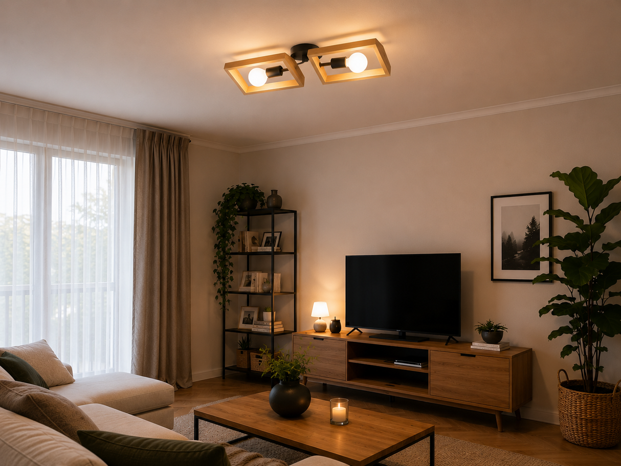 Plafoniera Timber, negru mat si lemn de fag natur, 2XE27, IP20, Smarter, 01-1968