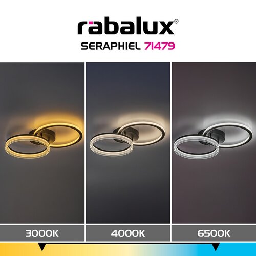 Plafoniera LED Seraphiel, negru, 38W, 3100lm, 3000K-6500K, L.60cm, IP20, Rabalux, 71479
