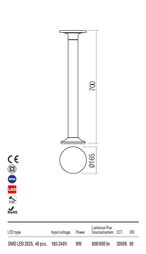 Stalp exterior AURA gri inchis, LED 8W, 900 lm, 3000K, IP65, Redo 90374