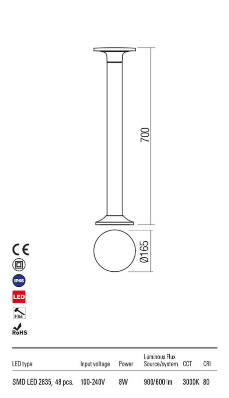 Stalp exterior AURA gri inchis, LED 8W, 900 lm, 3000K, IP65, Redo 90374