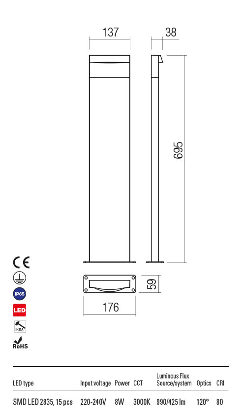 Stalp exterior POLIFEMO gri inchis, LED 8W, 990 lm, 3000K, IP65, Redo 90428