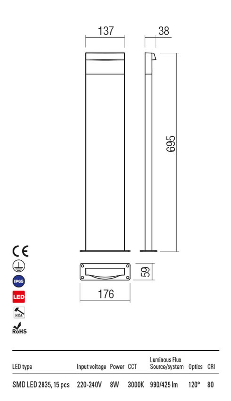 Stalp exterior POLIFEMO gri inchis, LED 8W, 990 lm, 3000K, IP65, Redo 90428