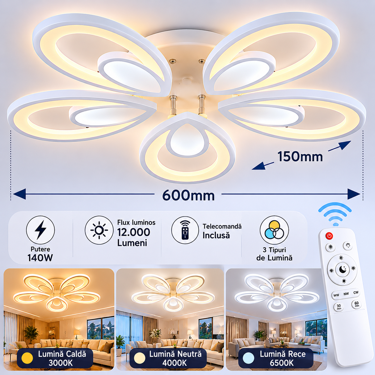 Lustră LED Modernă Flower, Design Floral Elegant, Alb Mat, 140W
