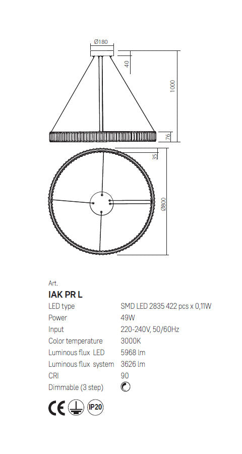 Suspensie Akala, auriu, LED, 49W, 3626 lumeni, 3000K, D.80 cm, Incanti IAK PR L