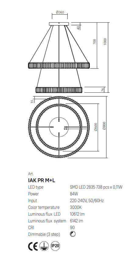 Suspensie Akala, auriu, LED, 84W, 6142 lumeni, 3000K, D.600cm+800cm, Incanti  IAK PR M+L