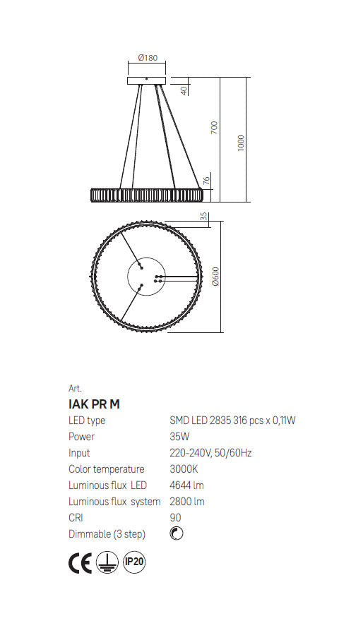 Suspensie Akala, auriu, LED, 35W, 2800 lumeni, 3000K, D.60cm, Incanti IAK PR M