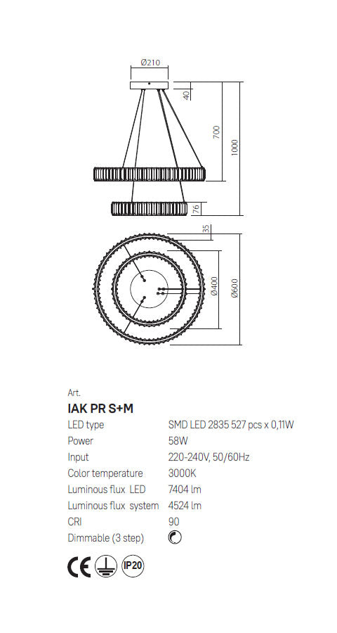 Suspensie Akala, auriu, LED, 58W, 4524 lumeni, 3000K, D.400cm+600cm, Incanti IAK PR S+M