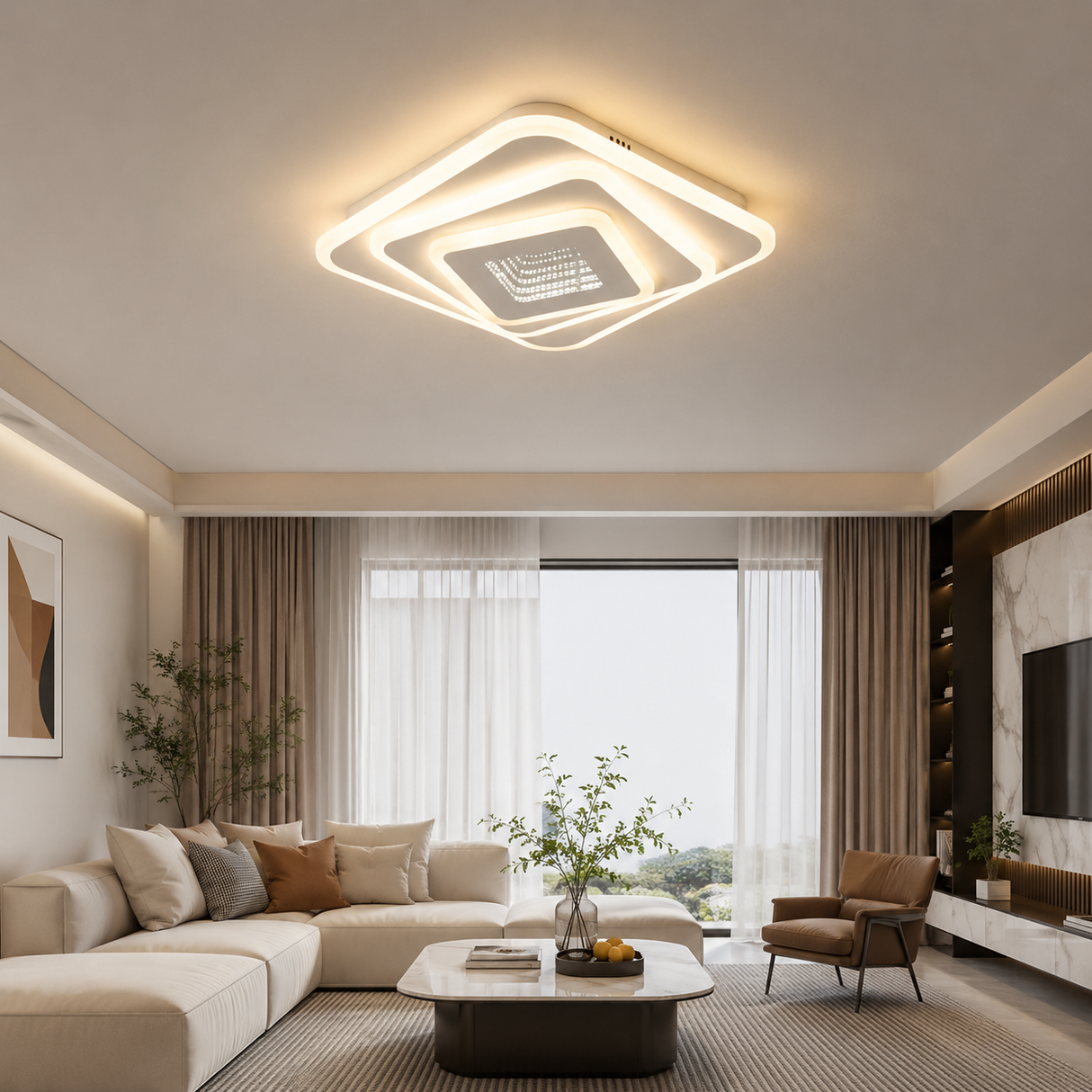 Plafonieră LED modernă 40x40 cm, 96W, 6100 lm, telecomandă, 3 tipuri de lumină