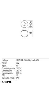 Dispersor BILIA, alb mat, LED 3W, 3000K, 350 lm, Redo LSD01-2604SWH