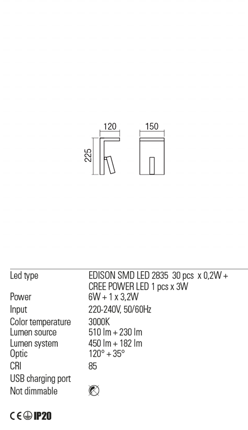 Aplica AGOS, alb mat, LED  6W + 1 x 3, 2W, 3000K, 740 lm, Redo 01-1499