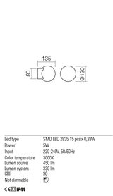 Aplica BILIA, alama, LED 5W, 3000K, 450 lm, Redo 01-2601