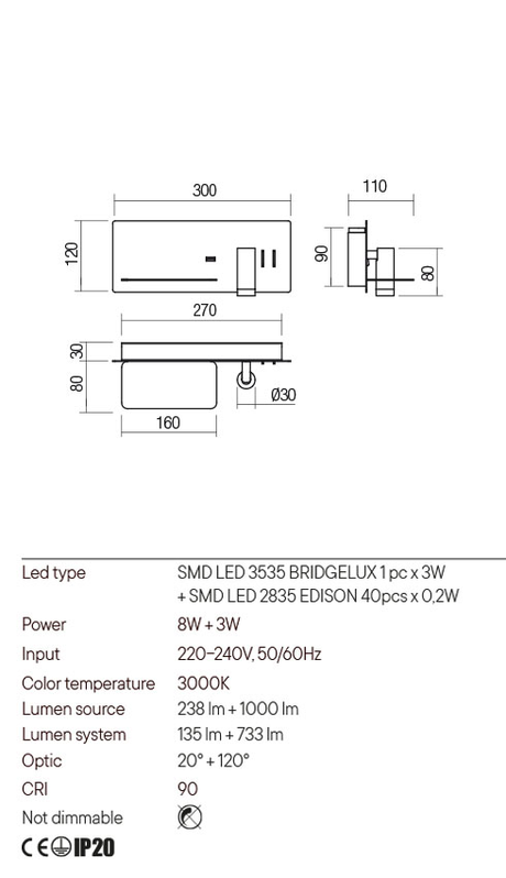 Aplica BROOK, auriu, LED 8W + 3W, 3000K, 238 lm +1000 lm, Redo 01-2984