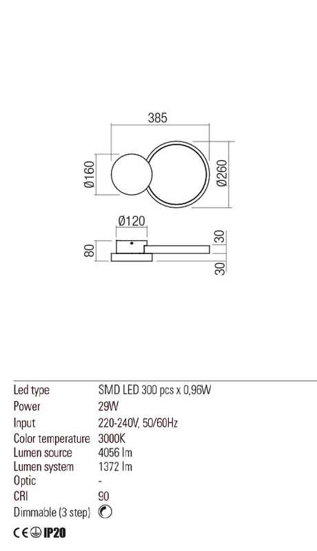 Aplica CRONOS, alb mat, LED 29W, 3000K, 4056 lm, Redo 01-2533