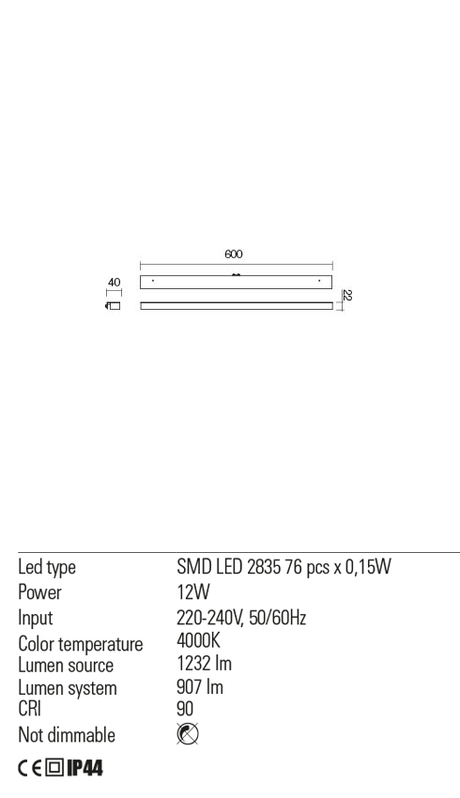 Aplica ERMES, crom, LED 12W, 4000K, 1232 lm, Redo 01-2332