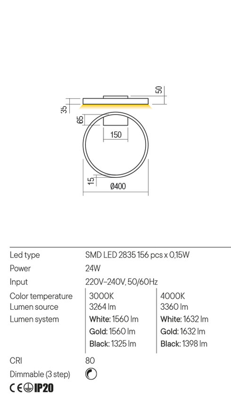 Aplica FEBE, alb mat, LED 24W, 3000K, 3264 lm, Redo 01-2833