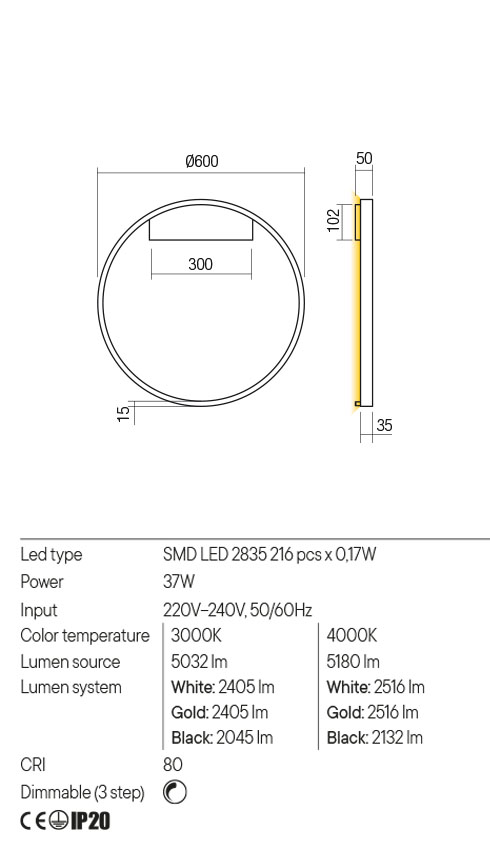 Aplica FEBE, alb mat, LED 37W, 3000K, 5032 lm, Redo 01-2821