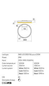 Aplica FEBE, auriu mat, LED 24W, 3000K, 3264 lm, Redo 01-2835