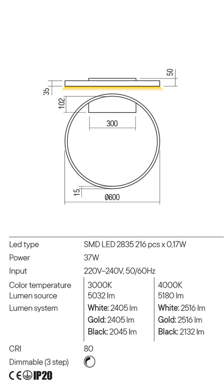 Aplica FEBE, auriu mat, LED 37W, 3000K, 5032 lm, Redo 01-2841