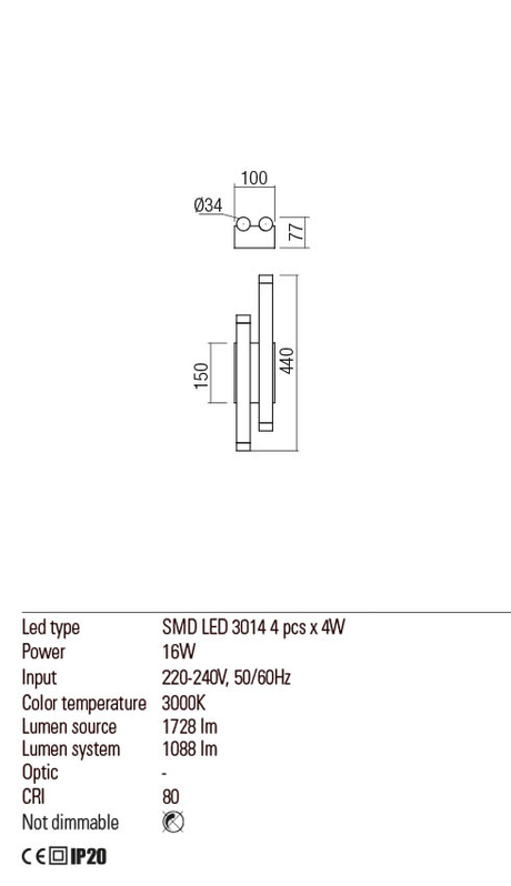 Aplica MADISON, anodizat auriu mat, LED 16W, 3000K, 1862 lm, Redo 01-2033