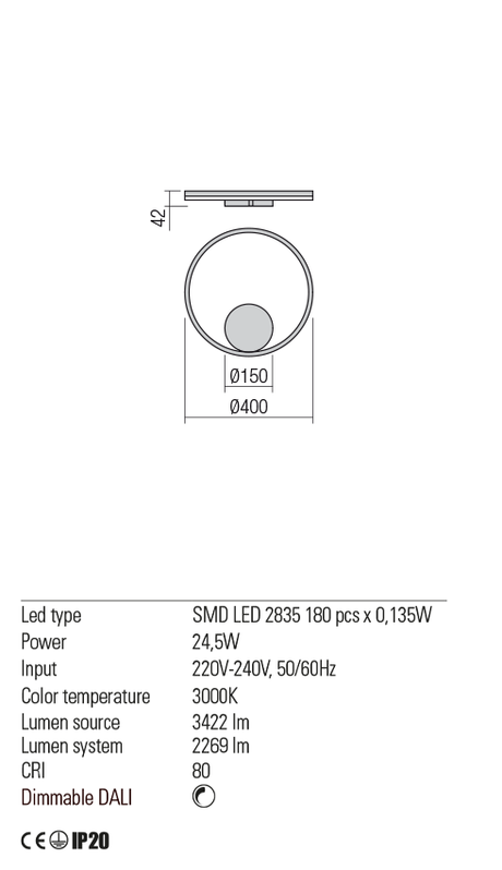 Aplica ORBIT, alb mat, LED 24, 5W, 3000K, 3422 lm, Redo 01-1700-DALI