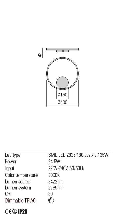 Aplica ORBIT, alb mat, LED 24, 5W, 3000K, 3422 lm, Redo 01-1700-TRIAC